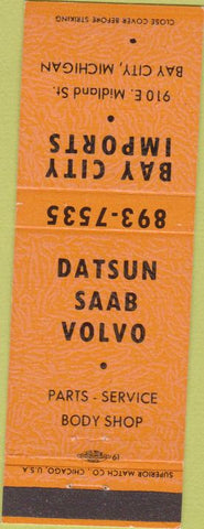 Matchbook Cover - Datsun Saab Volvo Cars Bay City MI orange