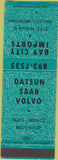 Matchbook Cover - Datsun Saab Volvo Cars Bay City MI teal