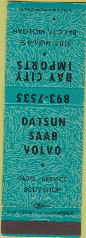 Matchbook Cover - Datsun Saab Volvo Cars Bay City MI teal