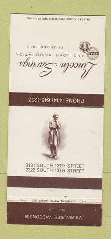 Matchbook Cover - Lincoln Savings and Loan Milwaukee WI Abraham 30 Strike
