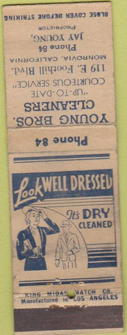 Matchbook Cover - Young Bros Cleaners Monrovia CA King Midas WORN