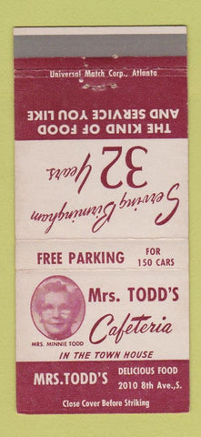 Matchbook Cover - Mrs Todd's Cafeteria Birmingham AL 30 Strike