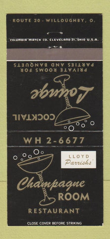 Matchbook Cover - Champagne Room Restaurant Willoughby OH 30 Strike