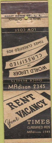 Matchbook Cover - Los Angeles Times Newspaper classifieds Coast Match WEAR