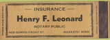Matchbook Cover - Henry Leonard Insurance Notary Mankato MN