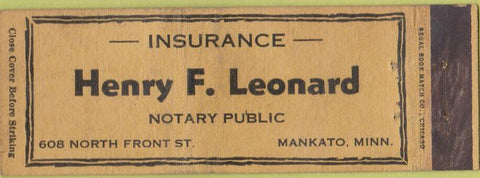 Matchbook Cover - Henry Leonard Insurance Notary Mankato MN