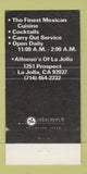 Matchbook Cover - Alfonso's of La Jolla CA Mexican Restaurant 30 Strike