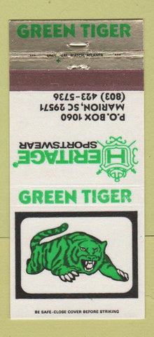 Matchbook Cover - Green Tiger Heritage Sportswear Marion SC 30 Strike