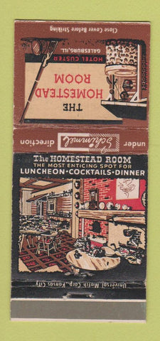 Matchbook Cover - Homestead Room Hotel Custer Galesburg IL WEAR 30 Strike