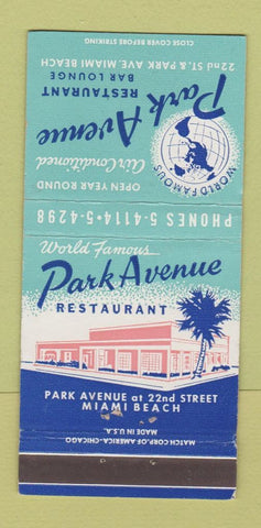 Matchbook Cover - Park Avenue Restaurant Miami Beach FL WEAR 30 Strike