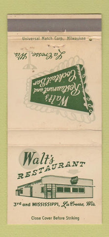 Matchbook Cover - Walt's Restaurant La Crosse WI WEAR 30 Strike