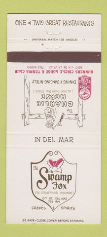 Matchbook Cover - Swamp Fox Charlie Horse Restaurants Del Mar CA 30 Strike