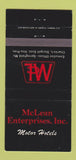 Matchbook Cover - McLean Enterprises Motor Hotels CHAIN 30 Strike