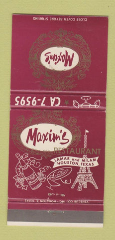 Matchbook Cover - Maxim's Houston TX Restaurant Eiffel Tower 30 Strike