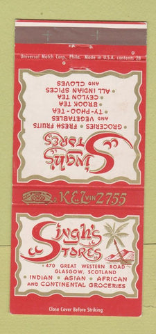 Matchbook Cover Singh's Stores International Grocery Glasgow Scotland 30 Strike