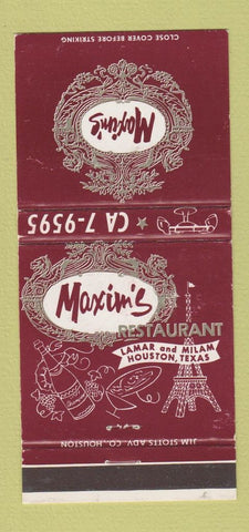 Matchbook Cover - Maxim's Houston TX Restaurant Eiffel Tower WEAR 30 Strike
