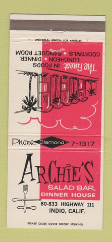 Matchbook Cover - Archie's Salad Bar Indio CA 30 Strike