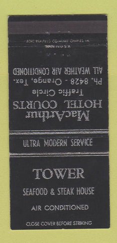 Matchbook Cover - MacArthur Hotel Courts Orange TX Tower STeak 30 Strike