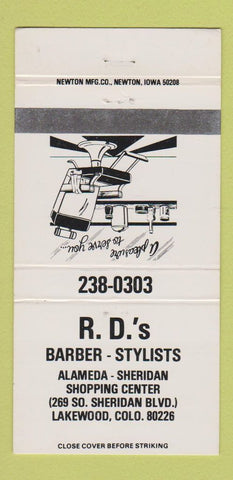 Matchbook Cover - RD's Barber Shop Lakewood Colorado WHITE 30 Strike