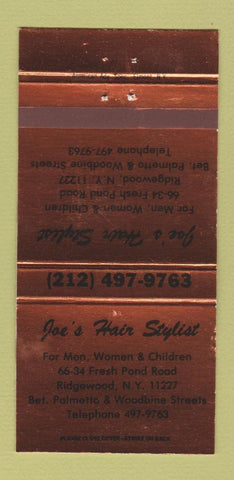 Matchbook Cover - Joe's Hair Salon Ridgewood NJ BRONZE WEAR 30 Strike