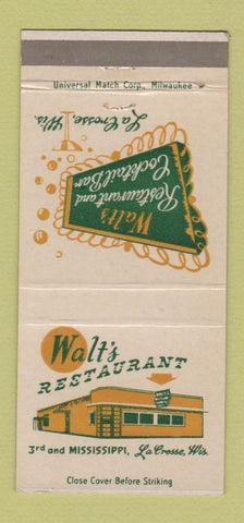 Matchbook Cover - Walt's Restaurant La Crosse WI WEAR 30 Strike