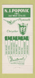 Matchbook Cover - NJ Popovic Chrysler Plymouth Cleveland OH 30 Strike