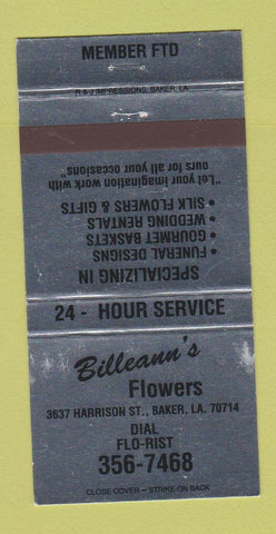 Matchbook Cover - Billeann's Flowers Baker LA WEAR 30 Strike