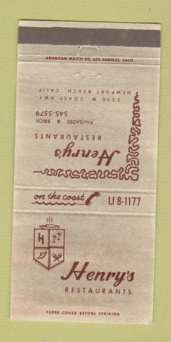 Matchbook Cover - Henry's Restaurants Newport Beach CA 30 Strike