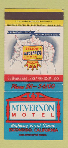Matchbook Cover - Mount Vernon Motel Escondido CA Best Western 30 Strike