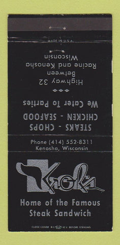 Matchbook Cover - Kroh's Steaks Racine Kenosha WI 30 Strike