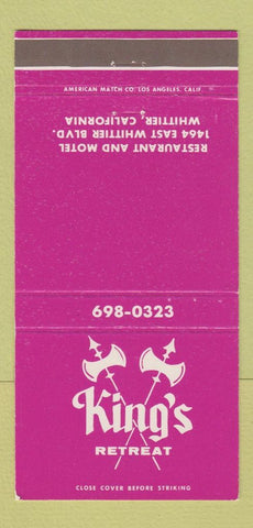 Matchbook Cover - King's Retreat Restaurant Motel Whittier CA 30 Strike