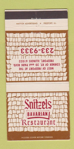 Matchbook Cover - Snitzels Bavarian Restaurant Freeport IL 30 Strike