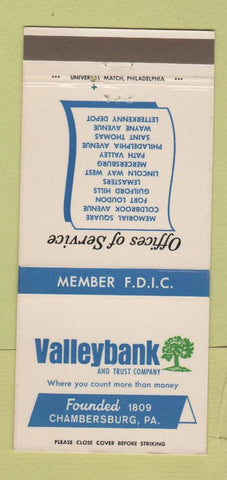 Matchbook Cover - Valleybank and Trust Chambersburg PA 30 Strike