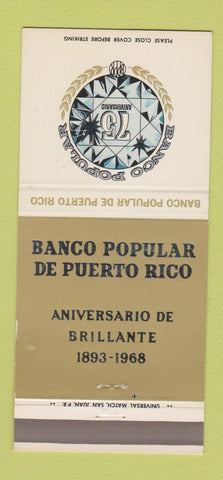 Matchbook Cover - Banco Popular De Puerto Rico 1968 30 Strike