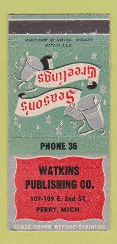 Matchbook Cover - Watkins Publishing Perry MI low phone # Christmas 30 Strike