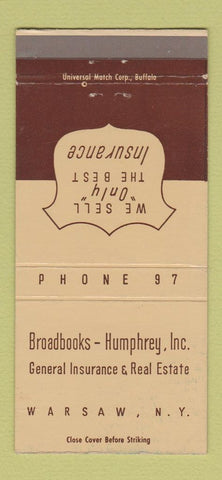 Matchbook Cover - Broadbrooks Humphrey Insurance Real Estate Warsaw NY 30 Strike