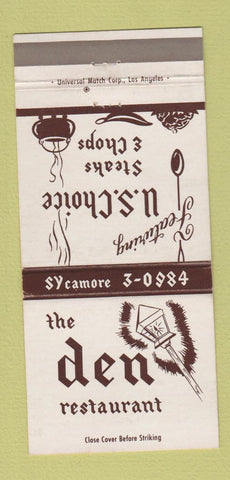 Matchbook Cover - The Den Restaurant Pasadena CA 30 Strike