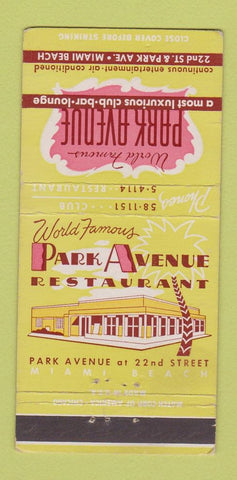 Matchbook Cover - Park Avenue Restaurant Miami Beach FL 30 Strike