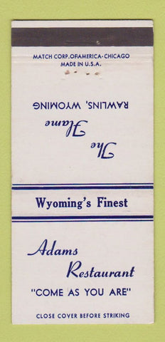 Matchbook Cover - Adams Restaurant Rawlins WY WHITE 30 Strike