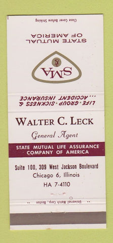 Matchbook Cover - State Mutual Insurance Walter Leck Chicago IL 30 Strike