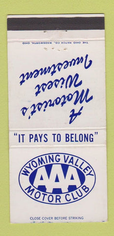 Matchbook Cover - Wyoming Valley Motor Club AAA Wilkes Barre PA 30 Strike