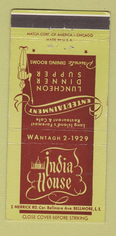 Matchbook Cover - India House Restaurant Bellmore LI NY 30 Strike