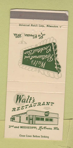 Matchbook Cover - Walt's Restaurant La Crosse WI 30 Strike