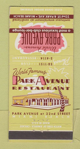 Matchbook Cover - Park Avenue Restaurant Miami Beach FL WEAR 30 Strike
