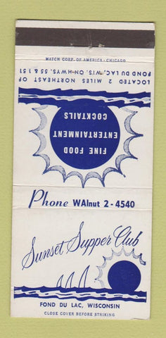 Matchbook Cover - Sunset Supper Club Fond Du Lac WI 30 Strike