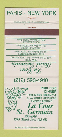 Matchbook Cover - La Cour St Germain Paris New York City 30 Strike