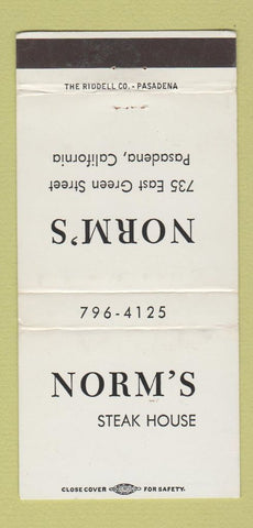 Matchbook Cover - Norm's Steak House Pasadena CA WEAR 30 Strike