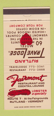 Matchbook Cover - Fairmont Restaurant Rutland VT Travel Lodge 30 Strike