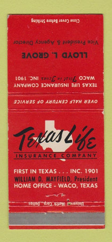 Matchbook Cover - Texas Life Insurance Lloyd Grove Waco TX 30 Strike