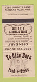 Matchbook Cover - Ye Olde Barn Food Drink Niagara Falls ON 30 Strike